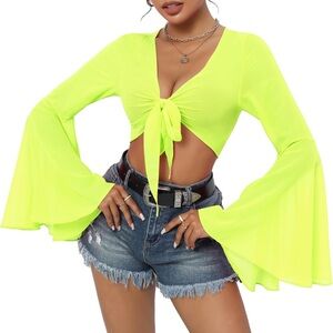 Neon Yellow Tie-Front Bell Sleeve Top